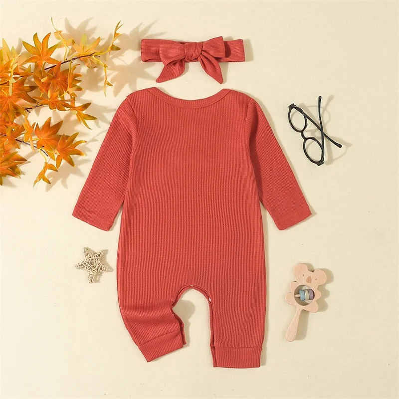 2024-06-14 Lioraitiin 1-18M Baby Girl Fall Outfit, Long Sleeve Crew Neck Embroidery Letters Jumpsuit with Headband Baby Clothes