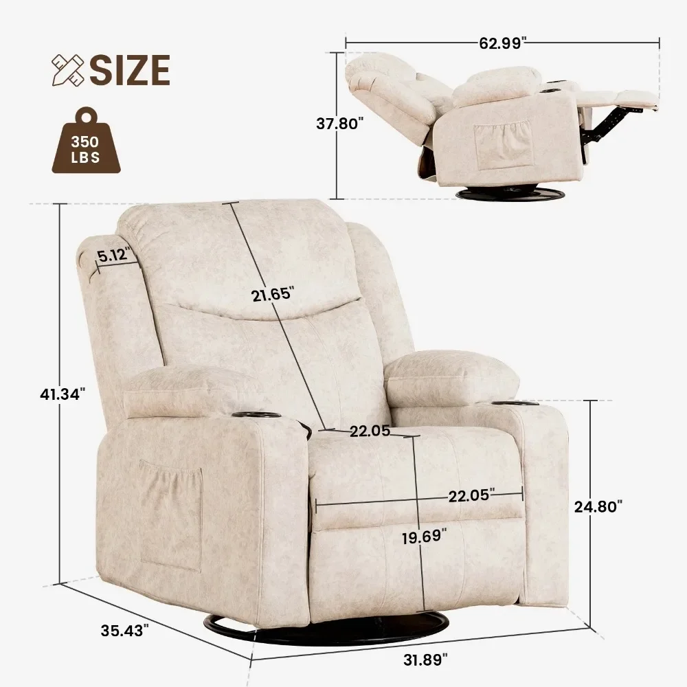 Plush Fabric Swivel Rocker Recliner with Heat, Massage, and Adjustable Footrest, White