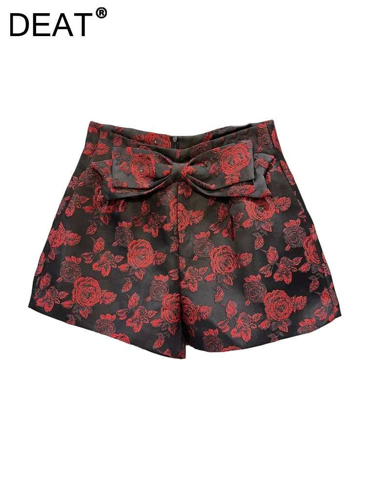 

DEAT Women's Shorts High Waist Wide Leg Jacquard Rose Flowers Embroidery Spliced Bow Short Pants 2024 New Fashion Autumn 29L8287