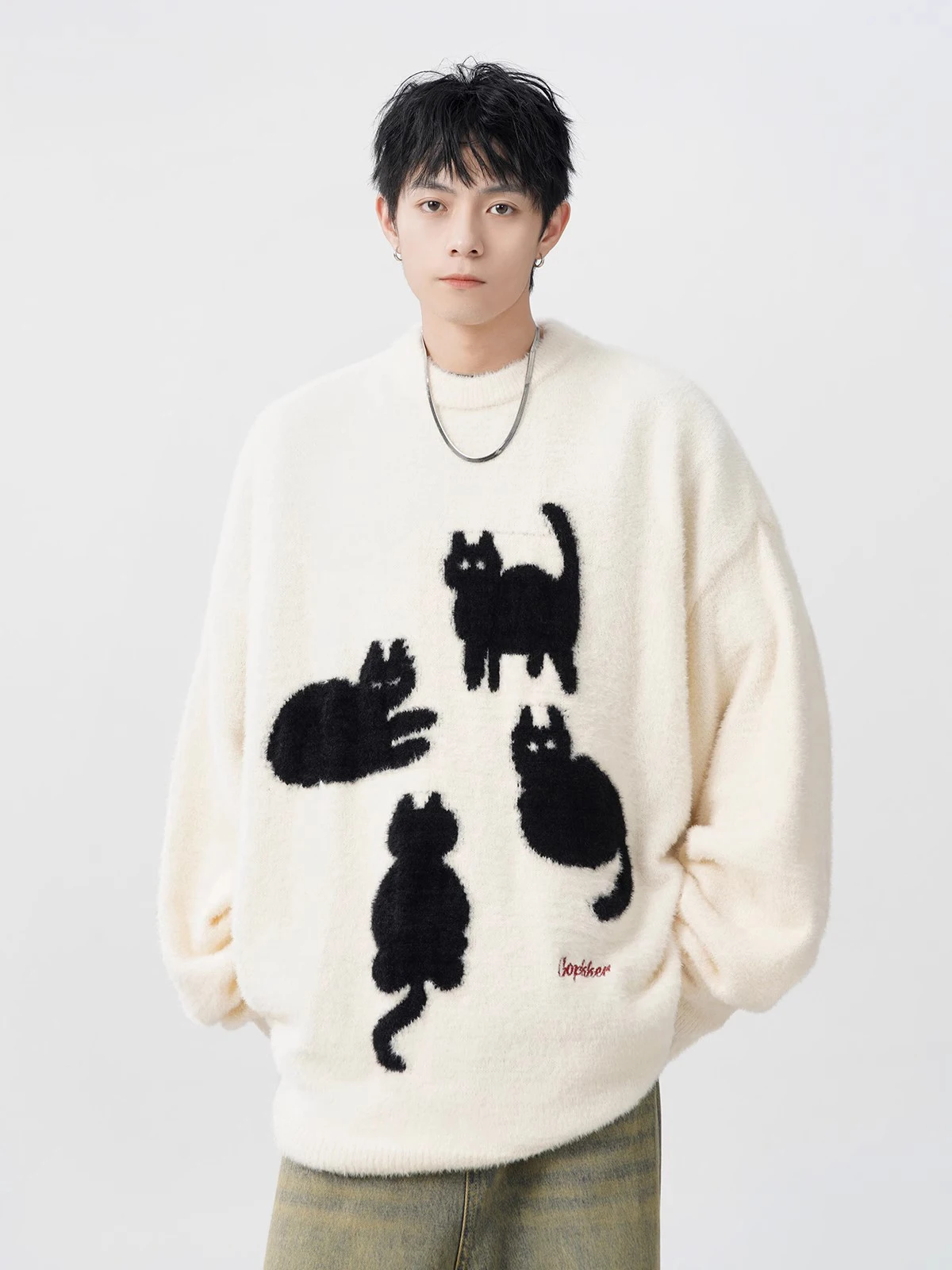 2025 Autumn Winter New American Style Men's Loose Casual Knitted Versatile White Black Cat Print Crew Neck Sweater