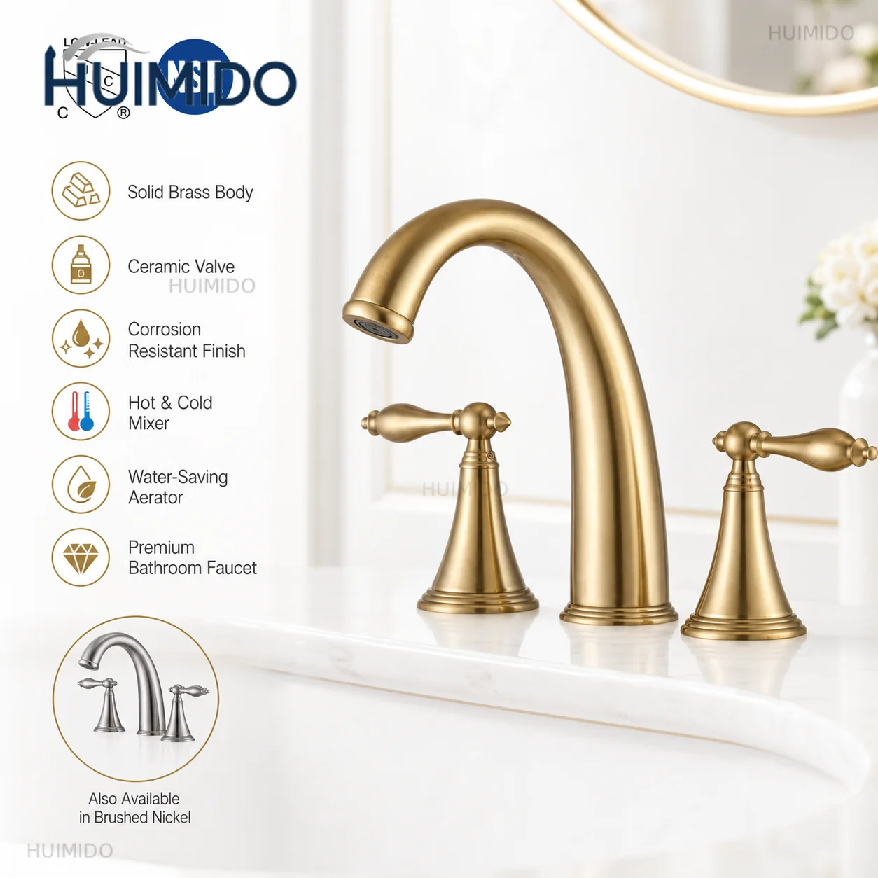 Certified Solid Brass Waterfall Basin Faucet, Modern Double Handle Bathroom Sink Mix Faucet, Counter Mount Basin Faucet