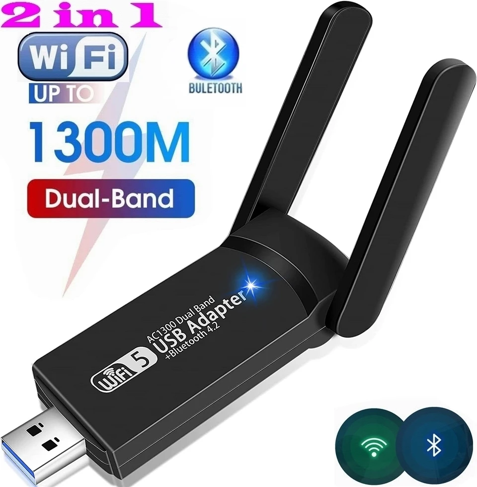 2 in 1 USB 3.0 WiFi Bluetooth Wireless Adapter, 1300Mbps Dual Band 2.4/5Ghz Wireless Network card Receiver AC1300 WiFi 5 Dongle