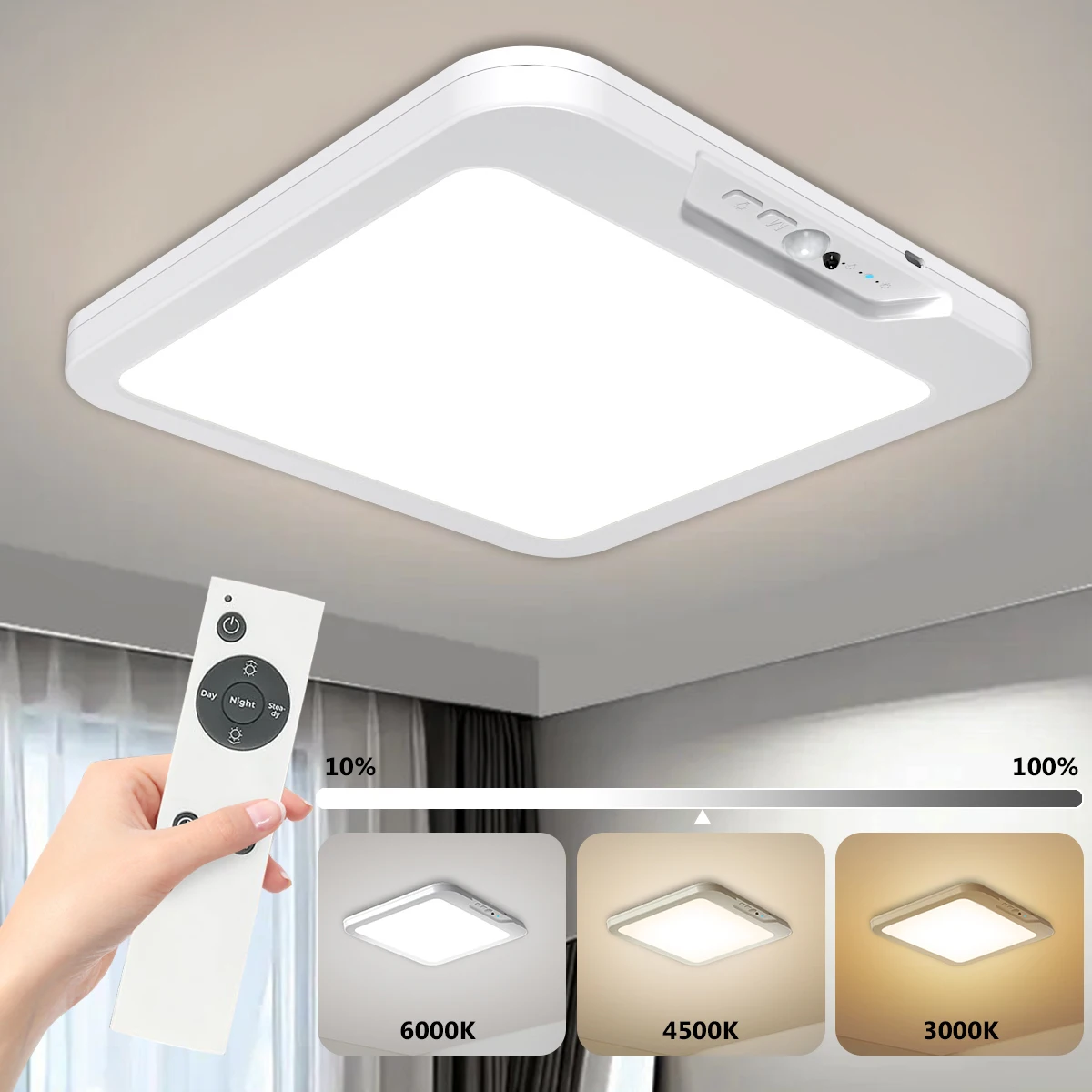 

Rechargeable 6000mAh Battery Ceiling Light with Remote Control 3 Color Modes Dimmable LED Ceiling Lamp for Bedroom Study Living