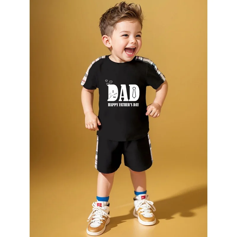 Summer casual boy fashion plaid patchwork round neck short sleeved T-shirt set with Father's Day cartoon letter print