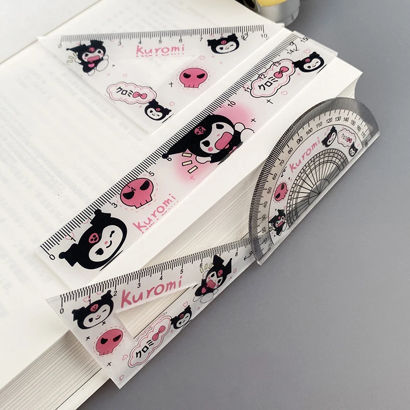 4Pcs/Set Sanrio Ruler Set Cartoon Kuromi Cinnamoroll Acrylic Ruler Set Triangle Straight Edge Round Ruler Student Stationery