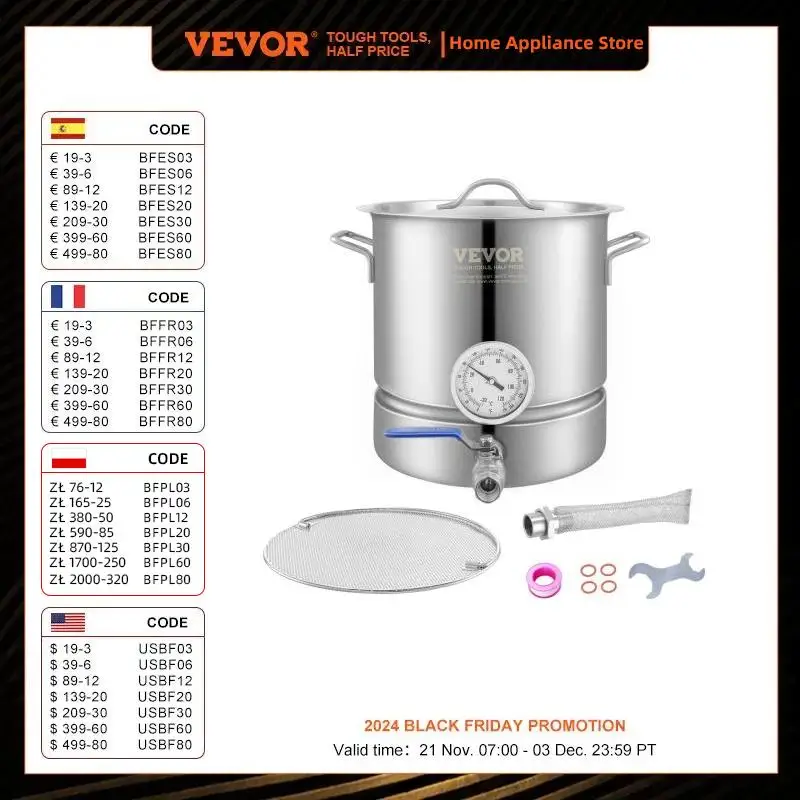 VEVOR Stainless Steel Kettle,5Gal Brewing Pot,Tri Ply Bottom for Beer,Brew Kettle Pot,Home Brewing Supplies Includes Thermometer