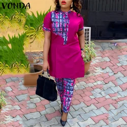 Artı boyutu VONDA kadınlar Bohemian Suits 2024 yaz Vintage baskılı pantolon setleri standı yaka kısa kollu uzun pantolon rahat setleri Tops