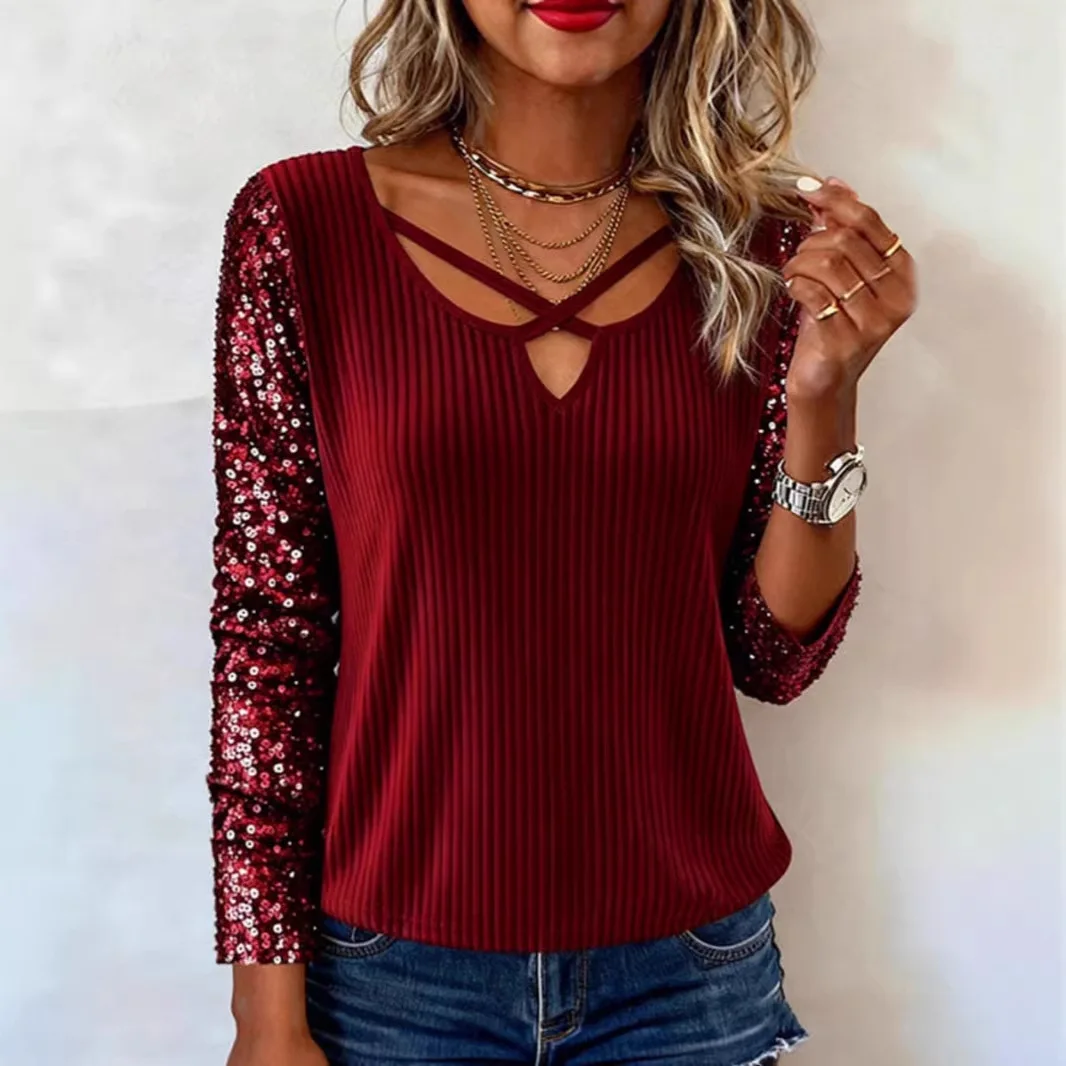 

2026 Women's Spring and Autumn New Style Fashionable Elegant Casual Sequined Splicing Long Sleeve V-Neck Tops T-Shirts for Women