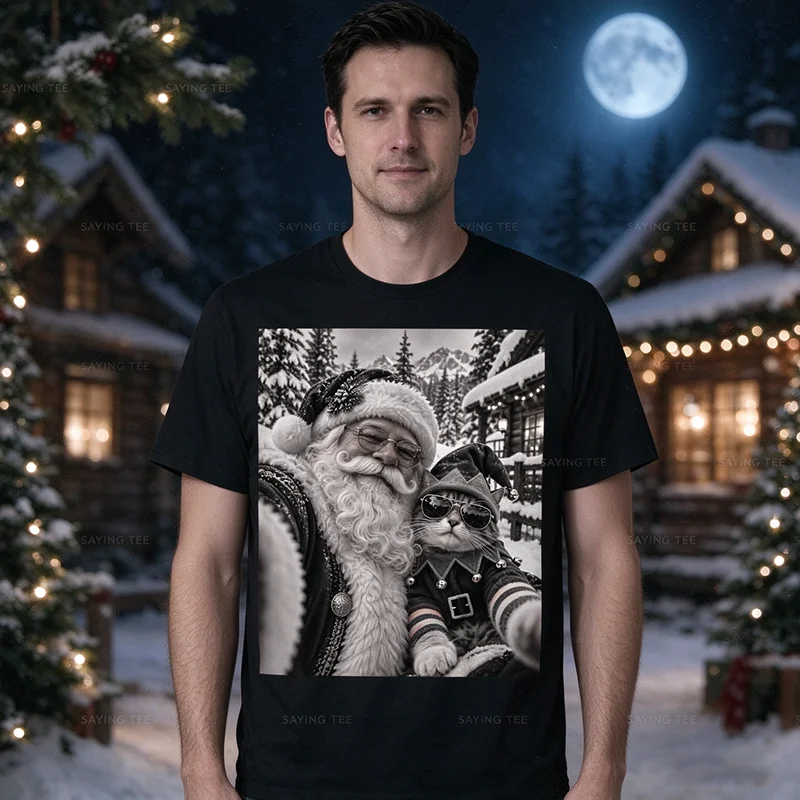 Santa Claus Selfie with Cat Elf Christmas Winter Holiday T-Shirt Y2k Humor Santa Claus Xmas Elf Selfie Holiday Aesthetic Clothes
