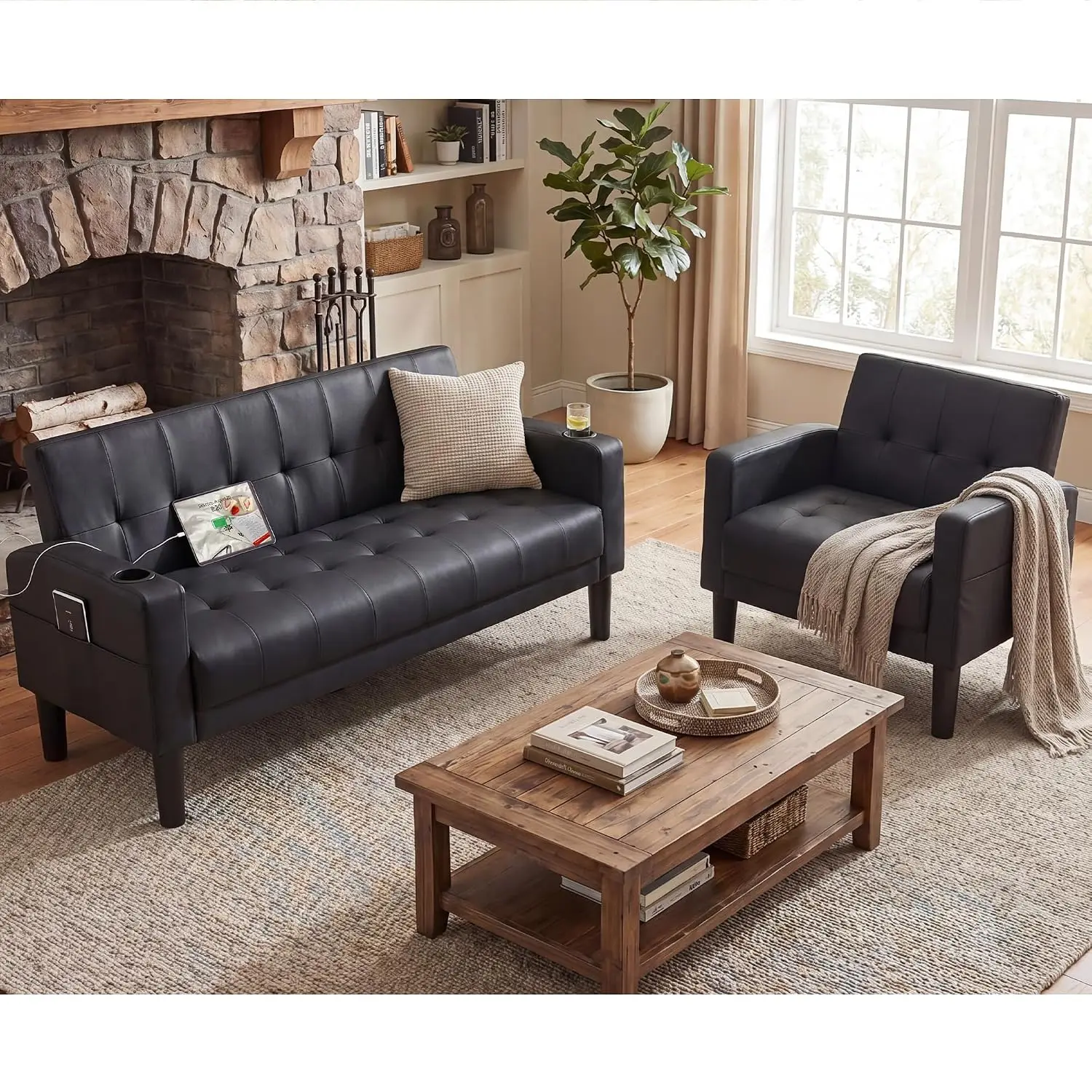 Living Room Set, PU Leather Couch and Chairs w/USB & Type-C Ports, Customized