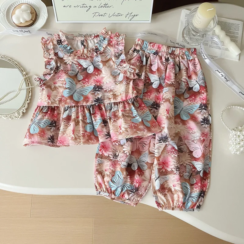 

TOY-Summer New Girls' Butterfly Flower Fabric Sister Style Three-Piece Set Cute Long and Short Pants Outfit