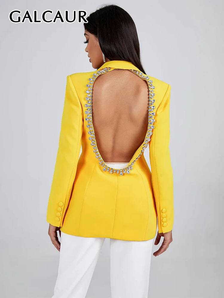 

GALCAUR Spliced Diamonds Sold Slimming Blazers For Women Notched Collar Long Sleeve Single Breasted Sexy Backless Blazer Female