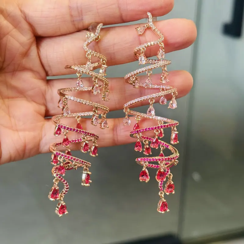 Bilincolor Blue  Cubic Zirconia Spiral Tassel Earring for Women