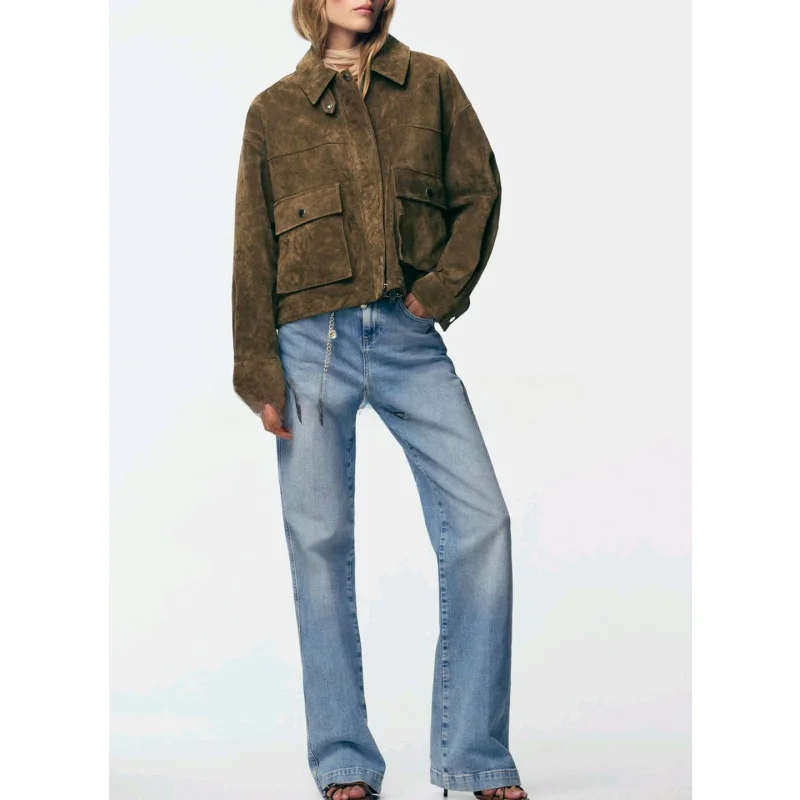 Jesienne Nowości Damskie Zamszowe Kurtki Pilotki Długie Z Wykładanym Kołnierzem Odzież Wierzchnia Codzienna Wygodna Poliester 00%