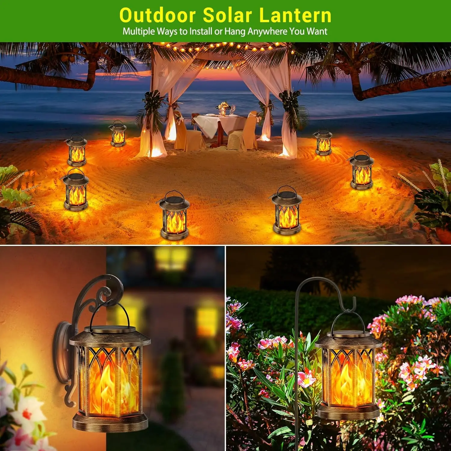 4 Pack Solar Lanterns Outdoor Waterproof, Flickering Flame, Auto On/Off, Bronze