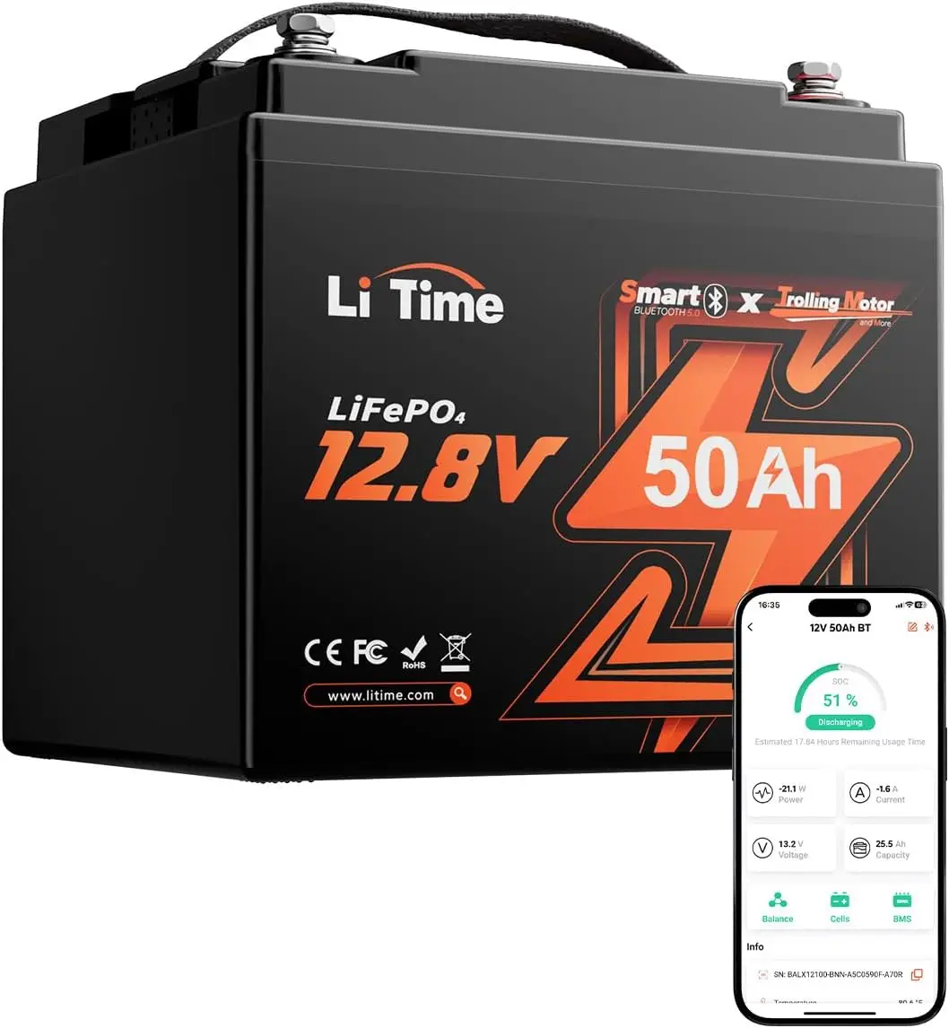 

12V 50Ah LiFePO4 Lithium Trolling Motors Battery Bluetooth, 4000+ Deep Cycle Marine Battery with Low-Temp Protection, EV-Grade C