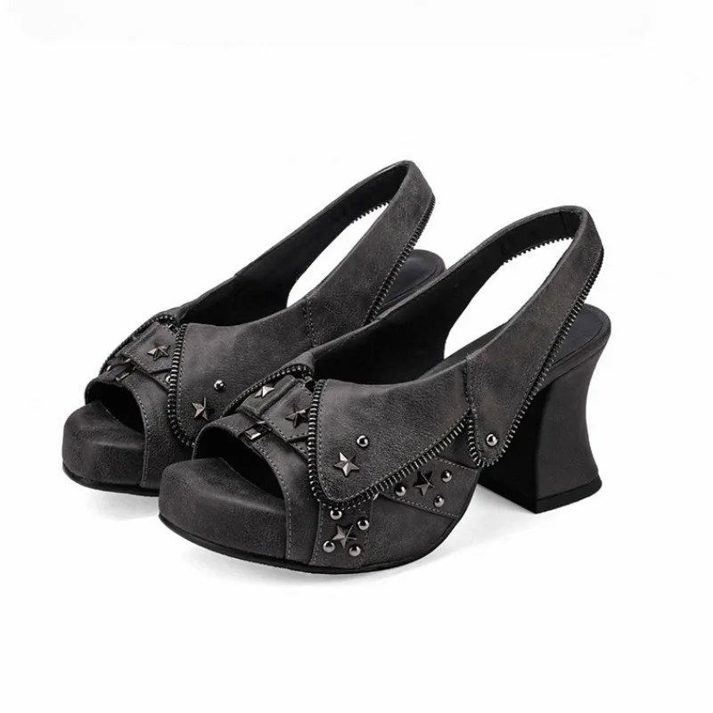 Gothic Retro Distressed Denim Women's Sandals Rivet Peep Toe Platform Chunky Women's Shoes Wedge Cowboy Women's Pumps and Heels