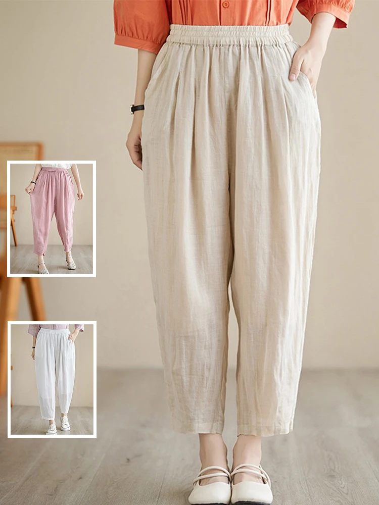 

High Waist Double Layered Casual Pants Harlan Folded Pure Color Flax Slimming Nine Points Pants for plus Size Women