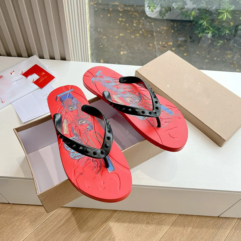 Men's New Summer Red Sole Flip Flops, Fashion Trendy Leather Beach Sandals Casual Outdoor Slippers for Men image 3