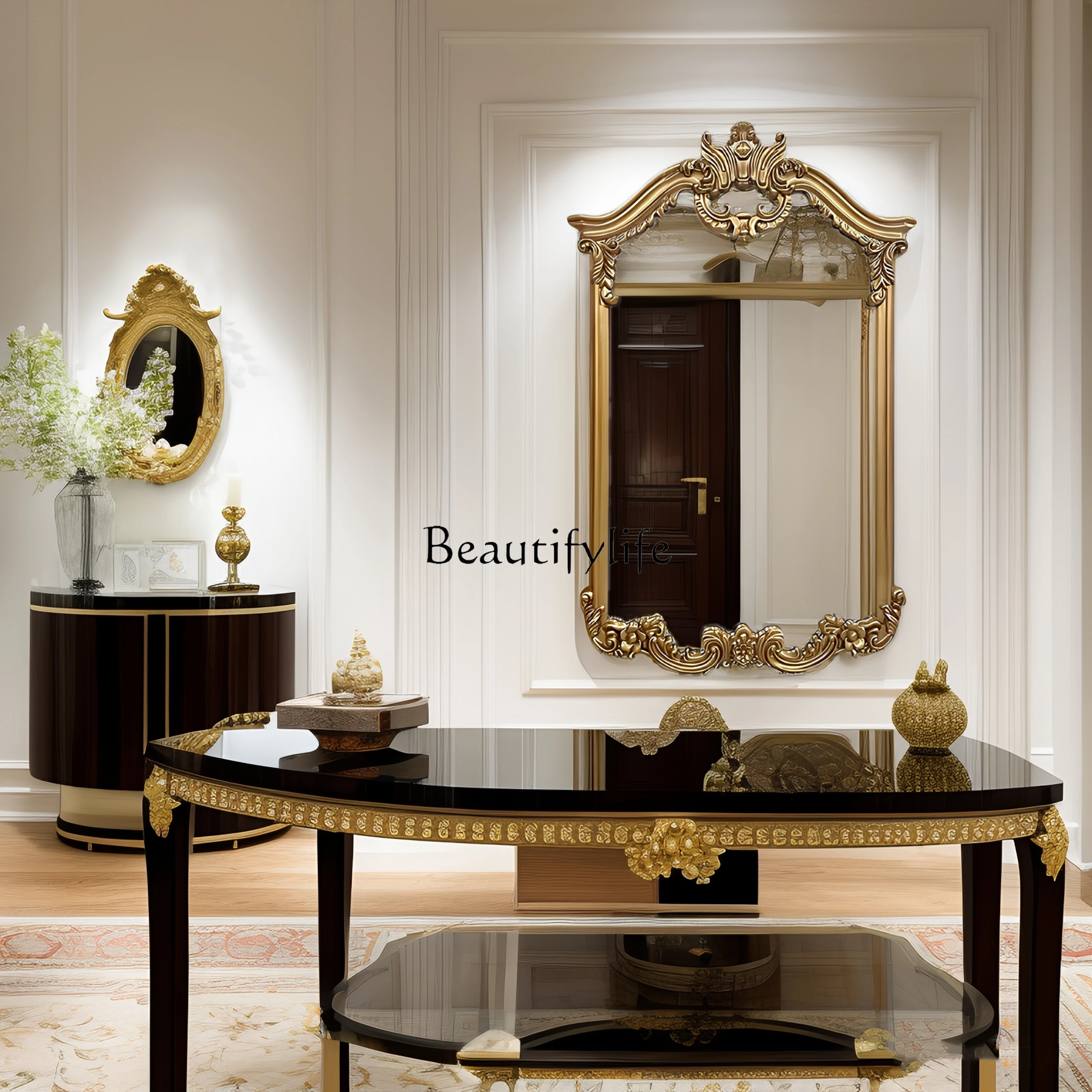 

European retro bathroom mirror wall hanging living room carved special-shaped vanity mirror