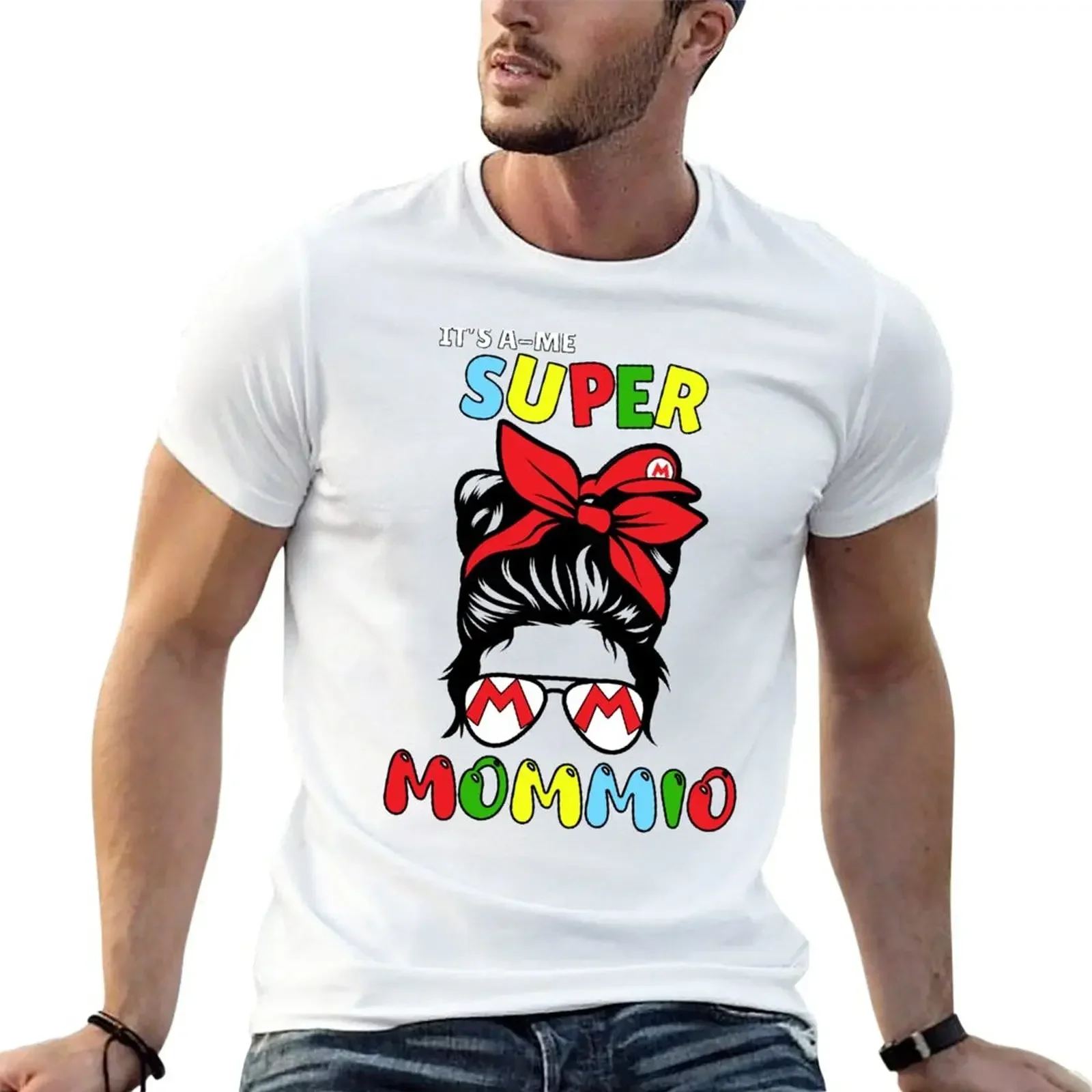 T-Shirt customs plain men graphic t shirts Super Mommio Funny Video Gaming for men clothing Tee oversized Cartoon Casual tops