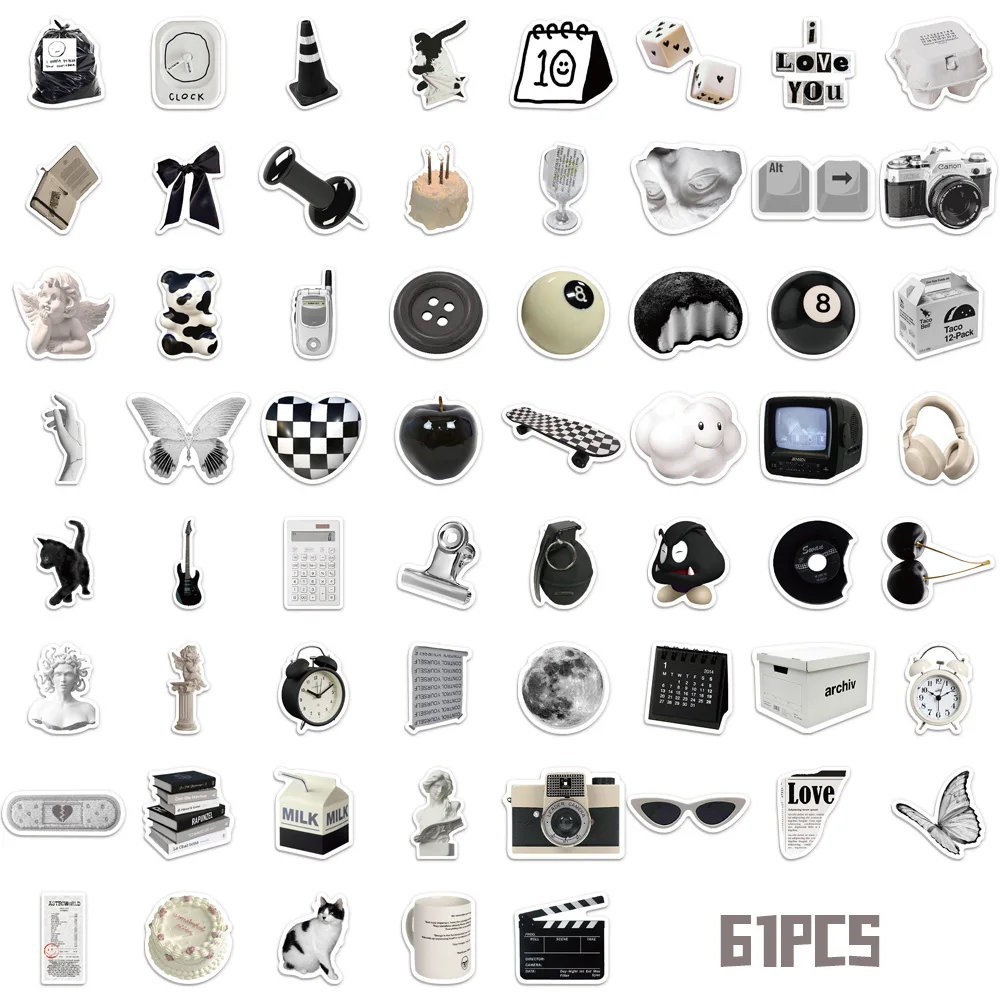 50PCS Black and White Minimalist Cartoon Sticker Bag DIY Sticker Label Tablet Water Cup Decoration Sticker