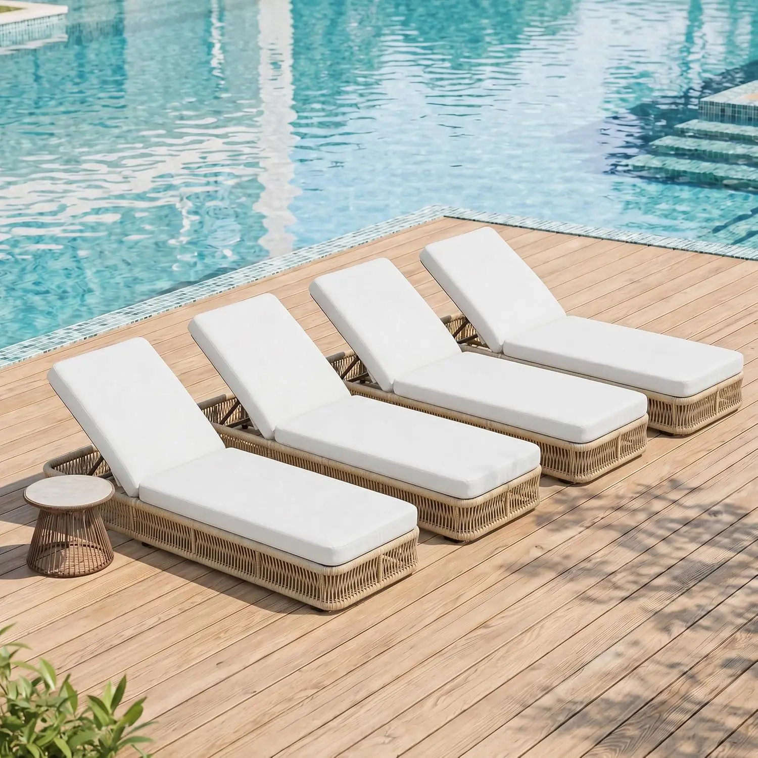 Outdoor Chaise Lounge Chairs Set of 4, Brown Woven Rope Pool Lounge Chairs