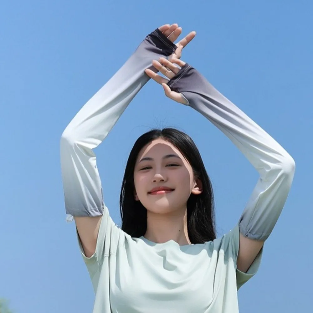 

Sweet Pulling Rope Ice Silk Arm Sleeves Gradient Color Flared Sunscreen Arm Sleeves Thin UV Protection Cycling Arm Cover Girl
