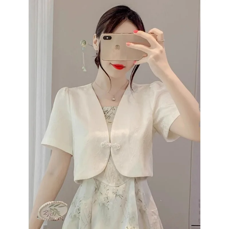 

Blouse Women's Summer Chinese Style Button-Fastening Short Sleeve Shirt Lightweight Shawl Collar Overblouse Luxurious Jacquard