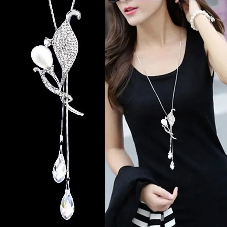 New Rhinestone Statement Tassel Rose Flower Long Necklace Women Pendants Fashion Jewelry Sweater Chain Necklaces Gifts