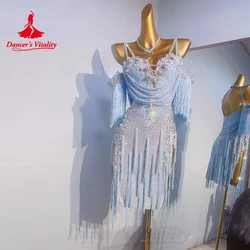 Disfraces de actuación de baile latino, exquisito vestido de borla de diamantes de imitación de perlas, vestidos de competición de Tango Chacha Samba para adultos y niños