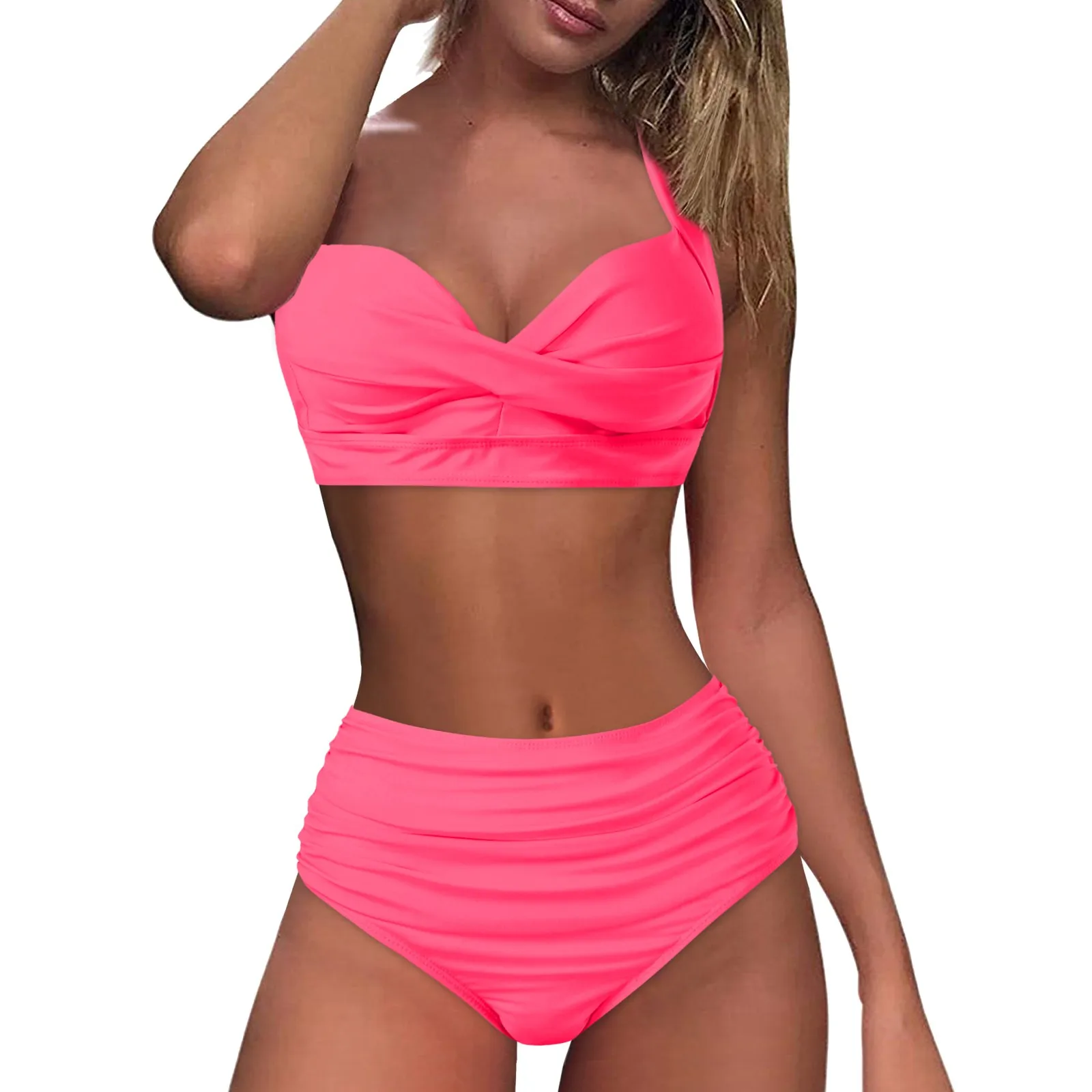 Vintage High Waisted Brief Two Piece Bikini Set Ruched Swimsuit Women Push Up Y2k Swimwear Luxury Cover Up Spring Summer Beach