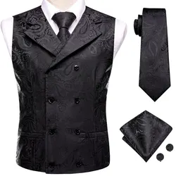 Business Black Men Vest Formal Silk Solid Paisley Jacquard Waistcoat Jacket NeckTie Hanky Cufflinks for Men Designer Gift Hi-Tie