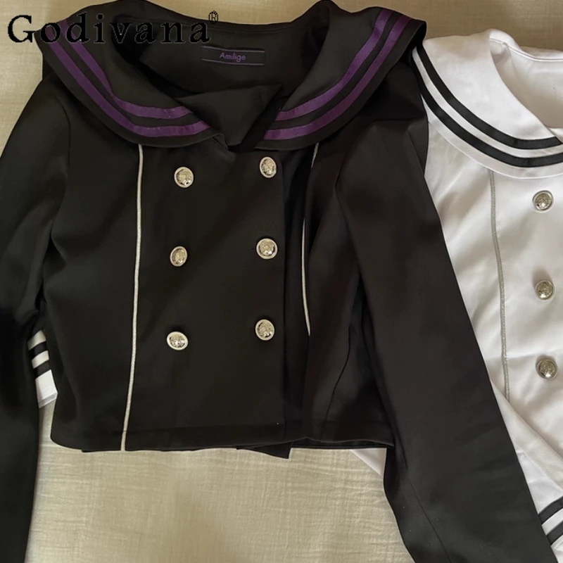 

Plus Size Spring Autumn Navy Collar Sailor Double-breasted Tie Shirt Girl Versatile Age Reduction Pleated Skirt Subculture Sets