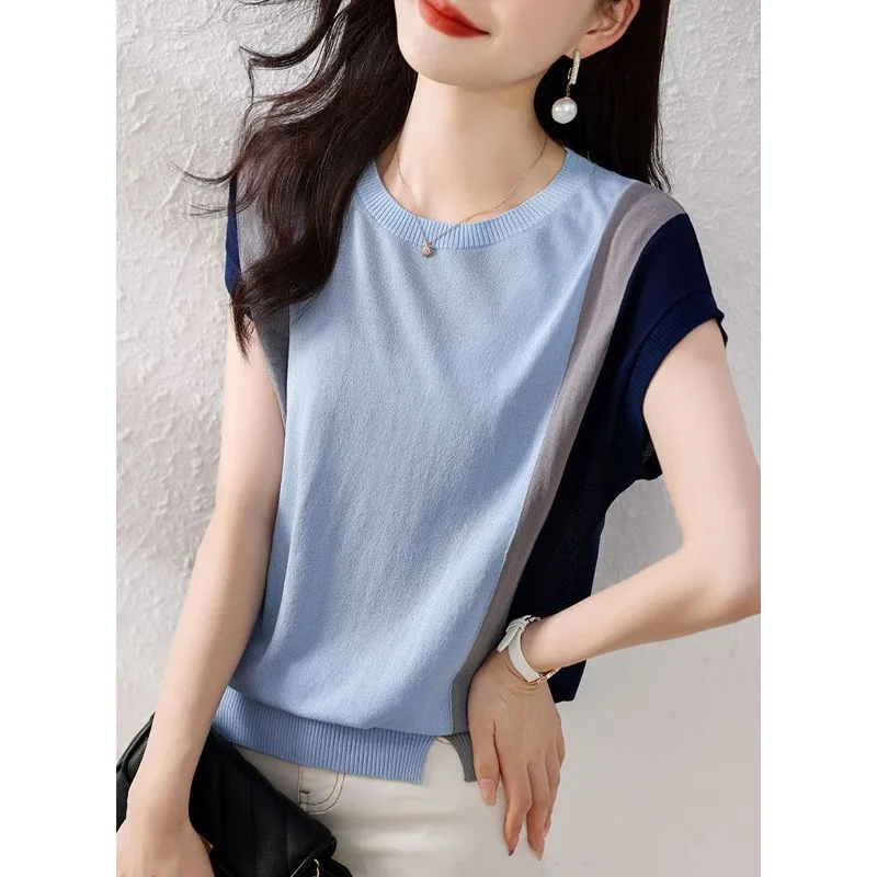 2023 New Summer Fashion Thread Round Neck Simple Commuter Versatile Backing Contrast Panel Short Sleeve Loose Women's T-shirt