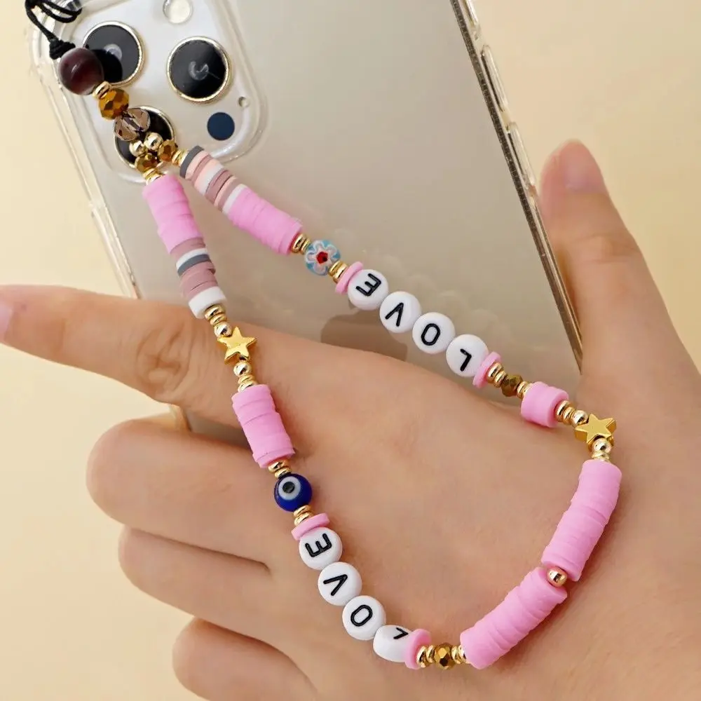 Phone Chain Telephone Jewelry Anti-Lost Lanyard Mobile Phone Straps Cell Phone Lanyard Heishi Clay Beaded LOVE Letter Lanyard