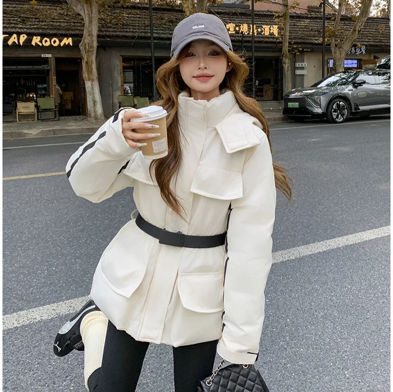 

Women Mid Lenth Parkas Coats Hooded Oversize Jacket Solid Belted Waist Zip Straight Thick Office Lady Casual 2025 Autumn Winter