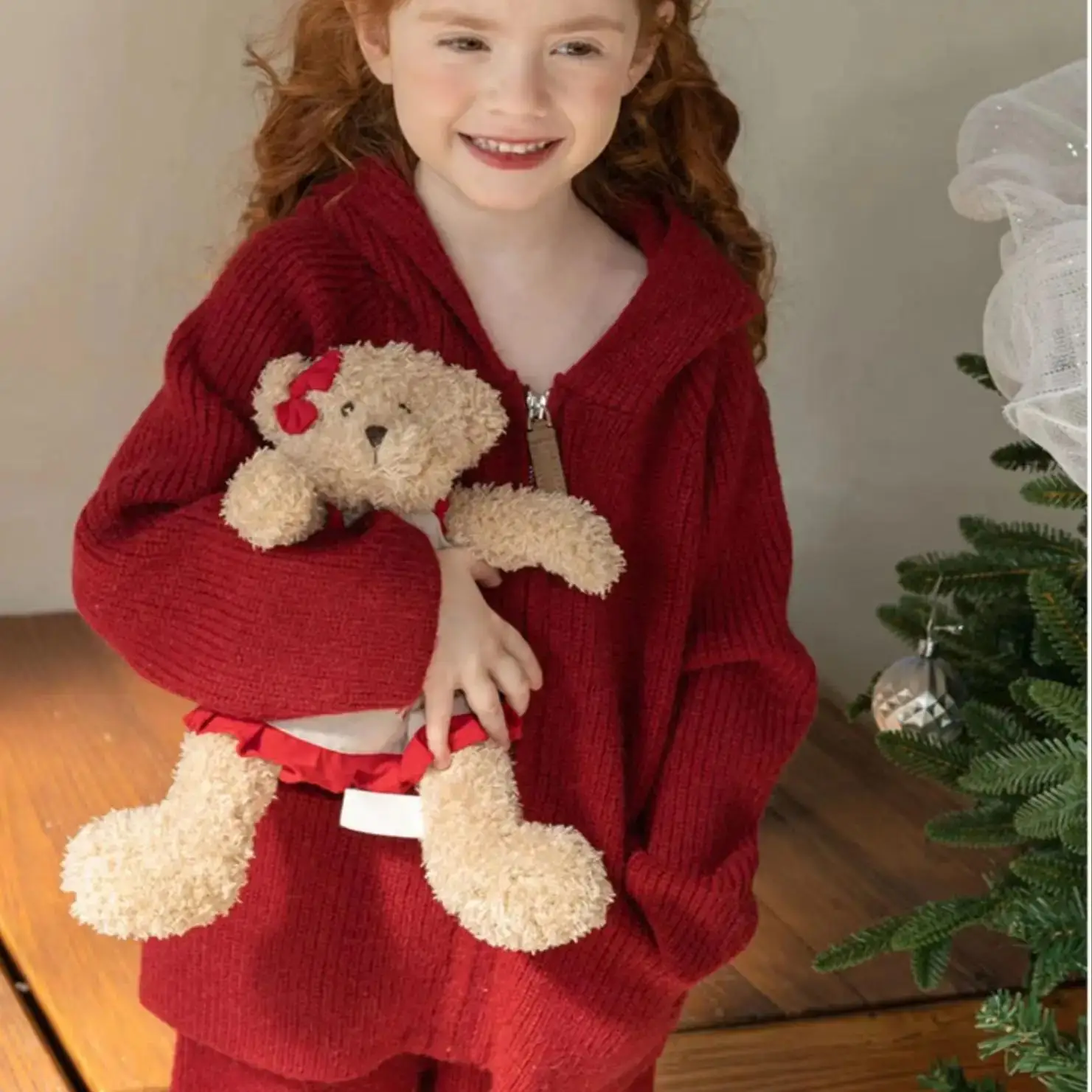 Toddler Baby Girl 2Pcs Knit Outfit Set, Autumn Winter New Hooded Pom Pom Knit Cardigan + Wide Leg Pants, Kids Sweater Suit Red P