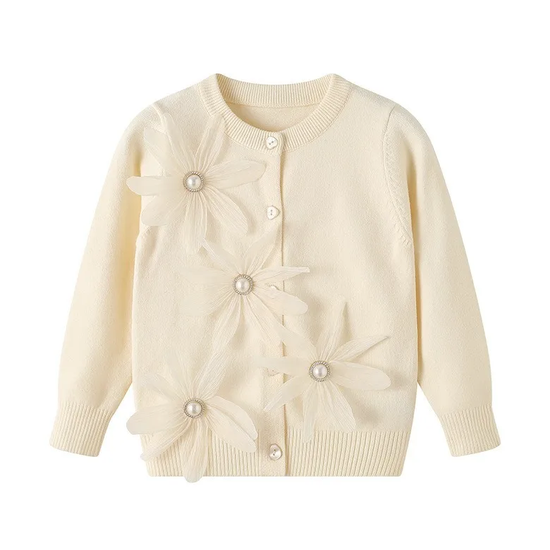 

2025 Autumn Winter Baby Girls Sweaters 3D Pearl Mesh Flowers Toddler Girls Coats Single-breasted Versatile Kids Baby Girls Tops