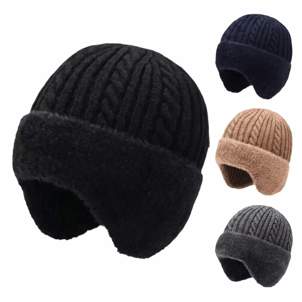 Thickened Warm Knitted Hat Fur Lined Double Layers Beanie With Earmuffs Coldproof Bonnet Caps Middle-aged And Elderly People