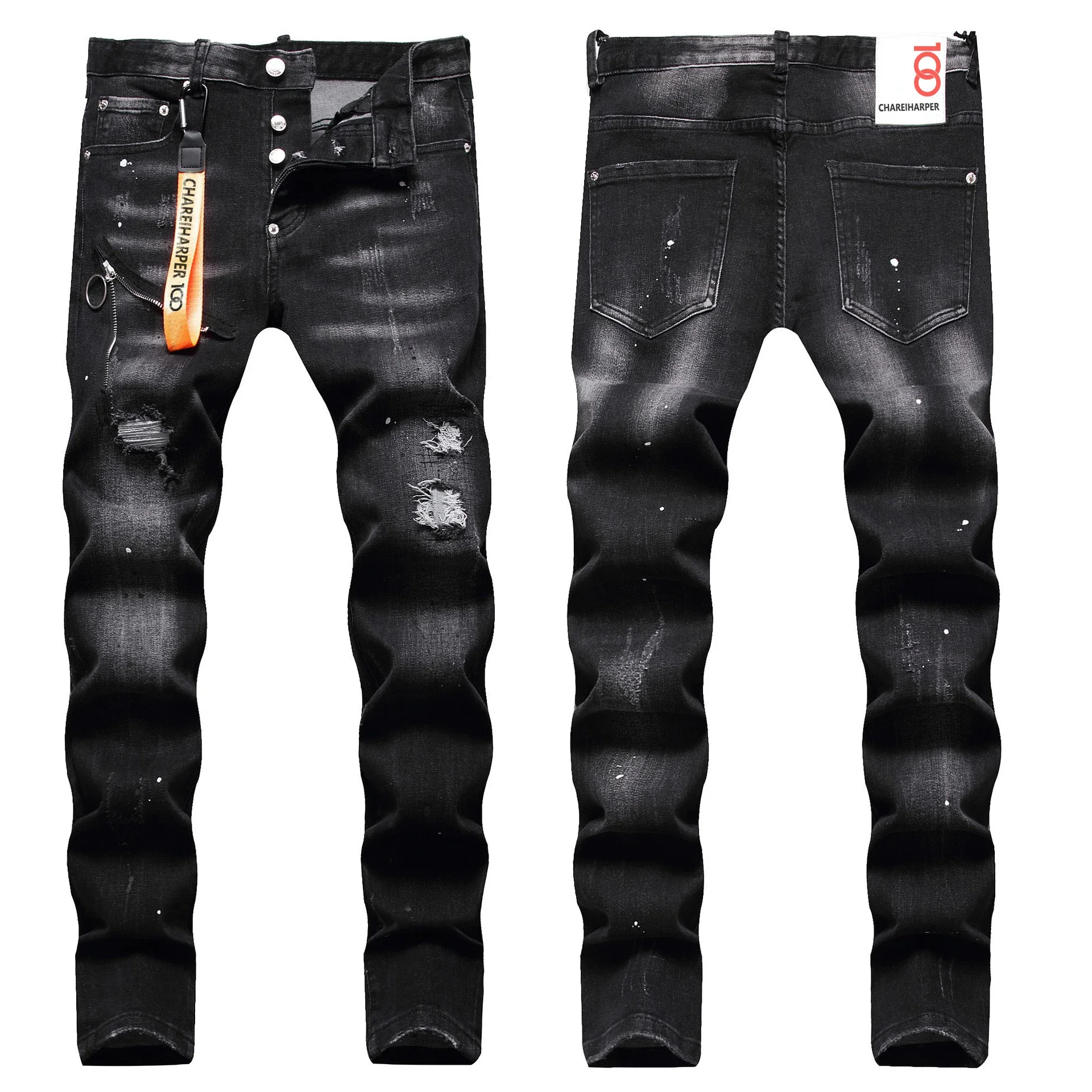 

chareiharper plus size 1057 Hipster black gray stretch paint dot decorated zipper lanyard ripped patch jeans for men