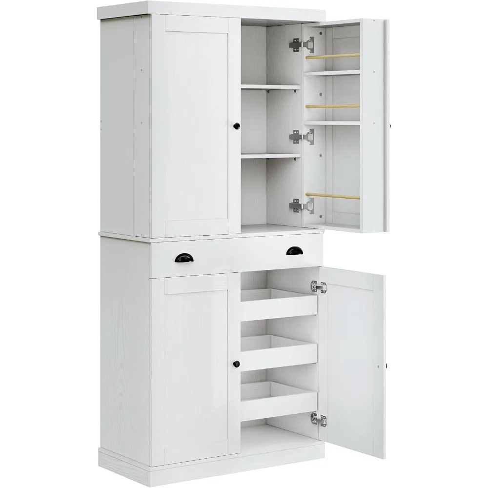 

Kitchen Pantry Cabinet with Sliding Storage Rack and 6 Hanging Shelves, 72" Height Tall Freestanding Cupboard for Living Room