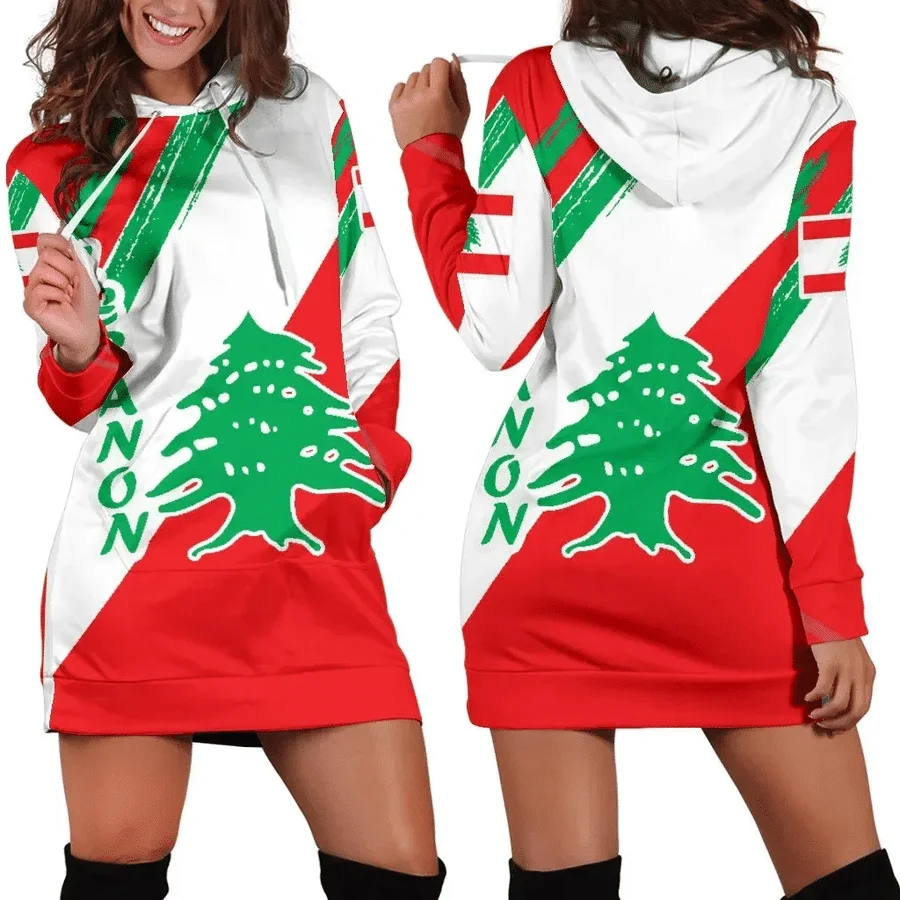 Lebanon Flag Hoodie Dress Women's Spring Summer New Retro Harajuku 3d Printed Flag Pullover Casual Sexy Women's Hoodie Dress