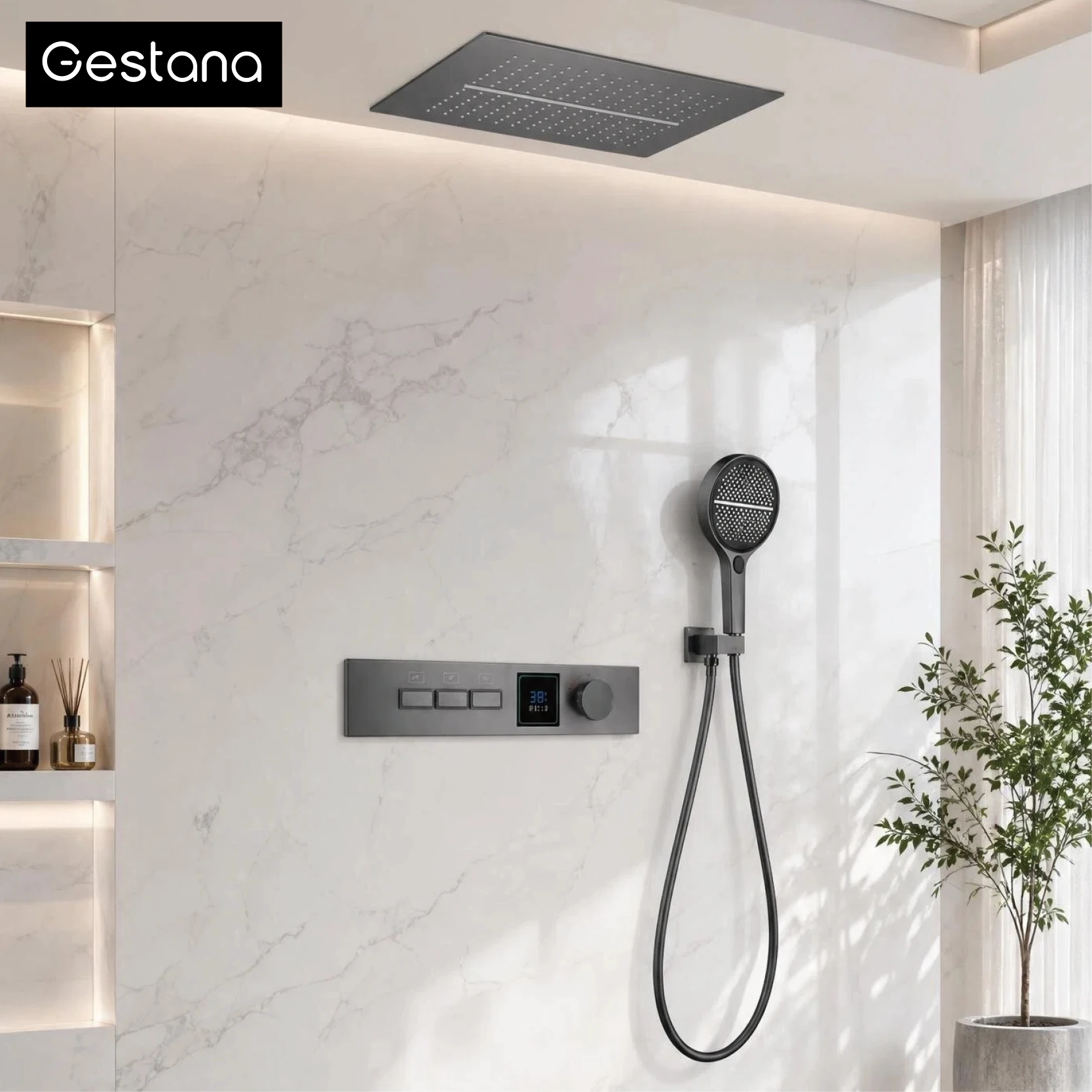 Luxury Bathroom Gunmetal Brass LED Temp Display Shower System Ceiling-Embedded 2 Function Rainfall/Waterfall Bath Fixtures