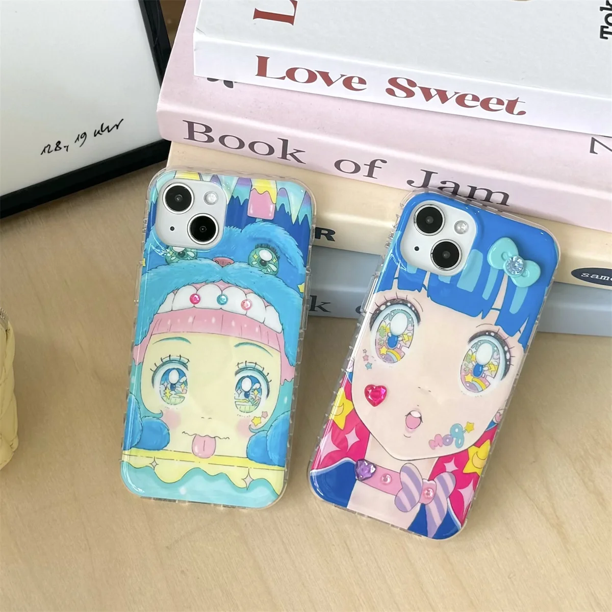 

Cartoon Anime Iridescent Shinning Eyes Double Layers Case for iPhone 16 15 14 13 Pro Max Back Phone Cover for 15 Pro Max Capa