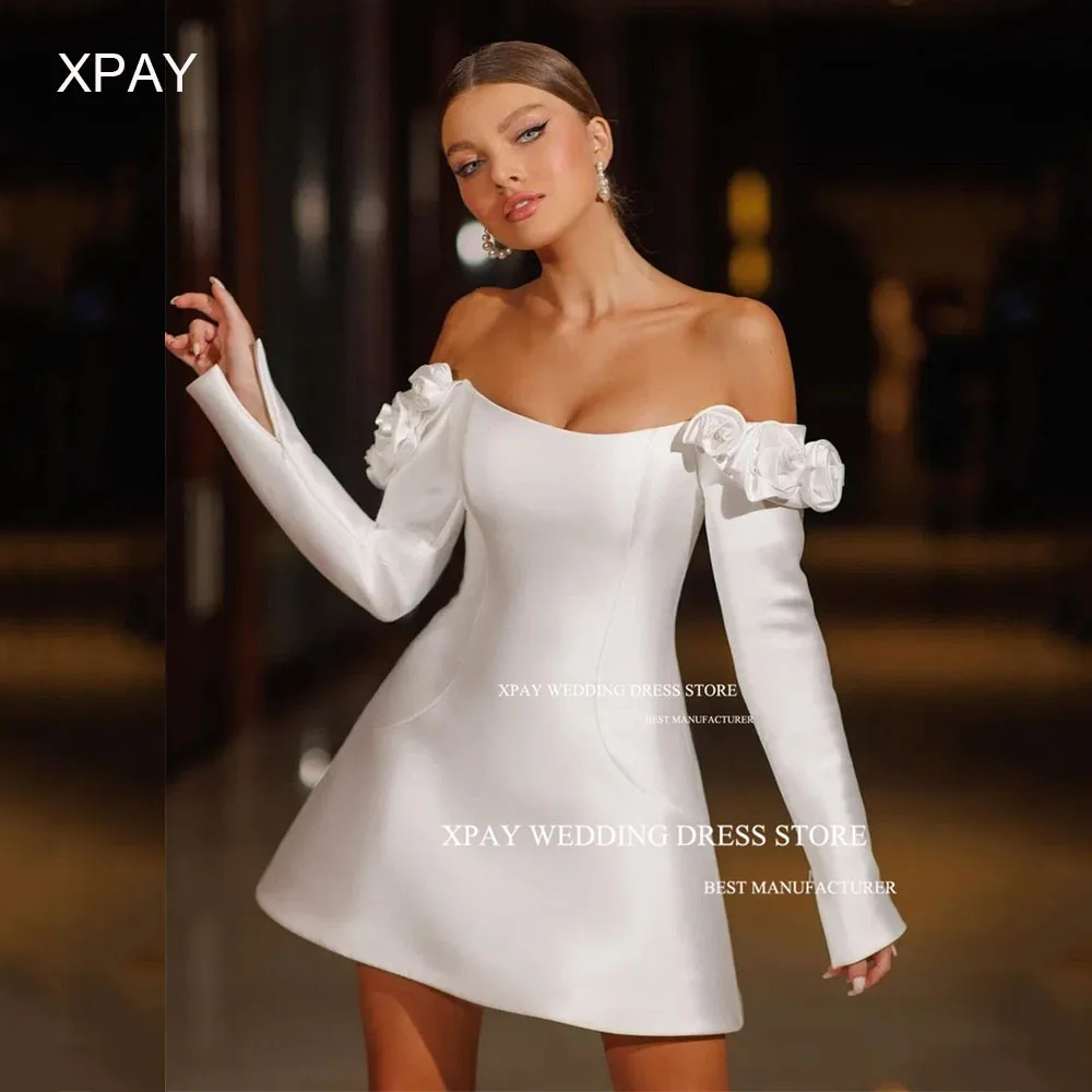 XPAY-Elegant Praça vestidos de casamento curtos, drapeada plissado, cetim espartilho, vestido de noiva Backless, 3D Flores mangas compridas, vestido de noiva