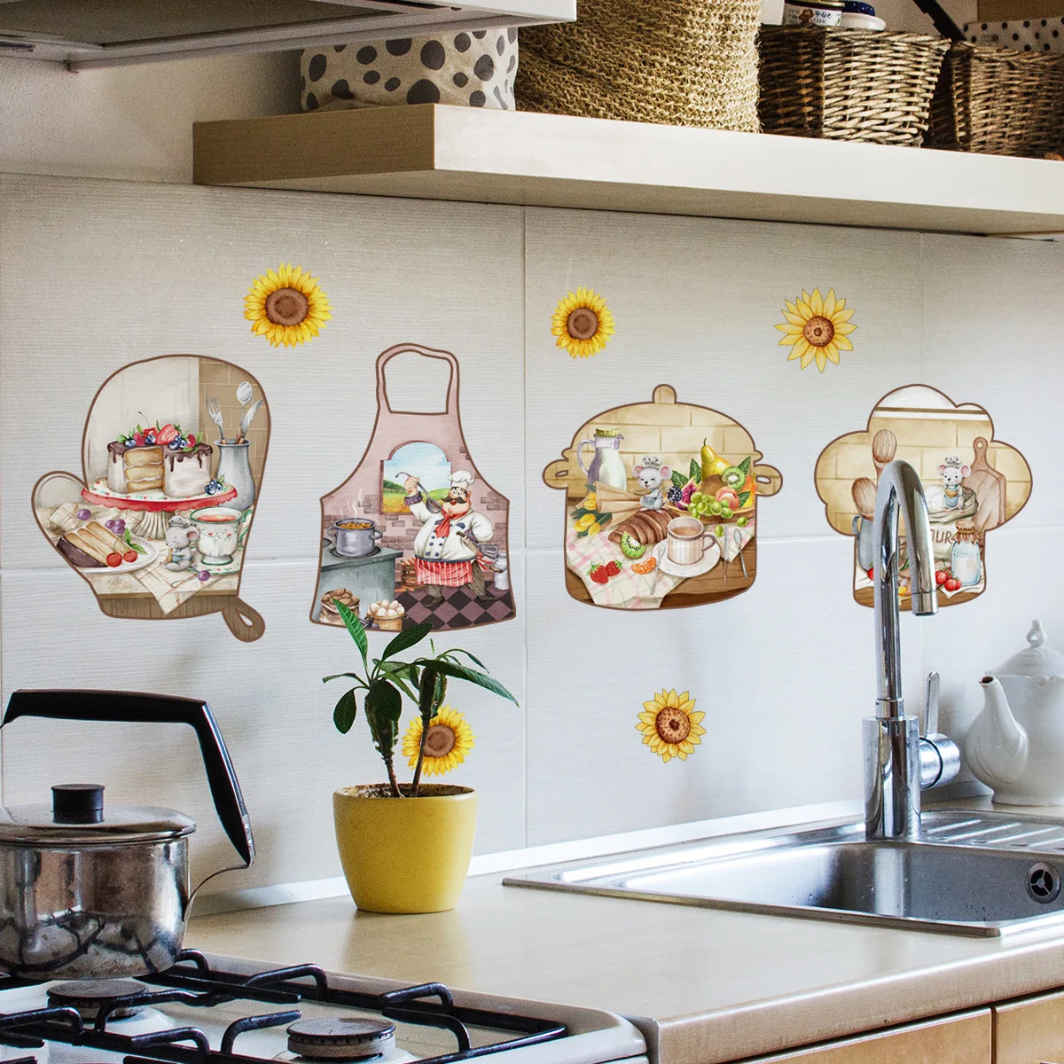 

Sunflowers Kitchen Decor Sets Creative Chef Bread Pot Wall Decals Dining Room Decor Self-adhesive Art Mural Poster Decoration