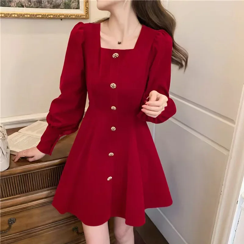 Autumn/winter New Pleuche Mini Dress Red Square Collar Dress For Christmas Parties Chic Cross-year Gown