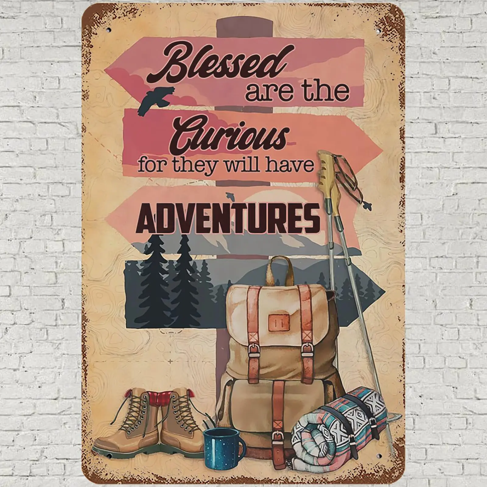 CHARLLR Vintage Metal Tin Sign 8x12, Vintage Hiking Wall Art Decor, Hiking Blessed Are The Curious For They Will Have Adventures