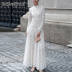 TWOTWINSTYLE Patchwork Lace Solid Dresses For Women Round Neck Long Sleeve High Waist Hollow Out A Line Dress Female Fashion New